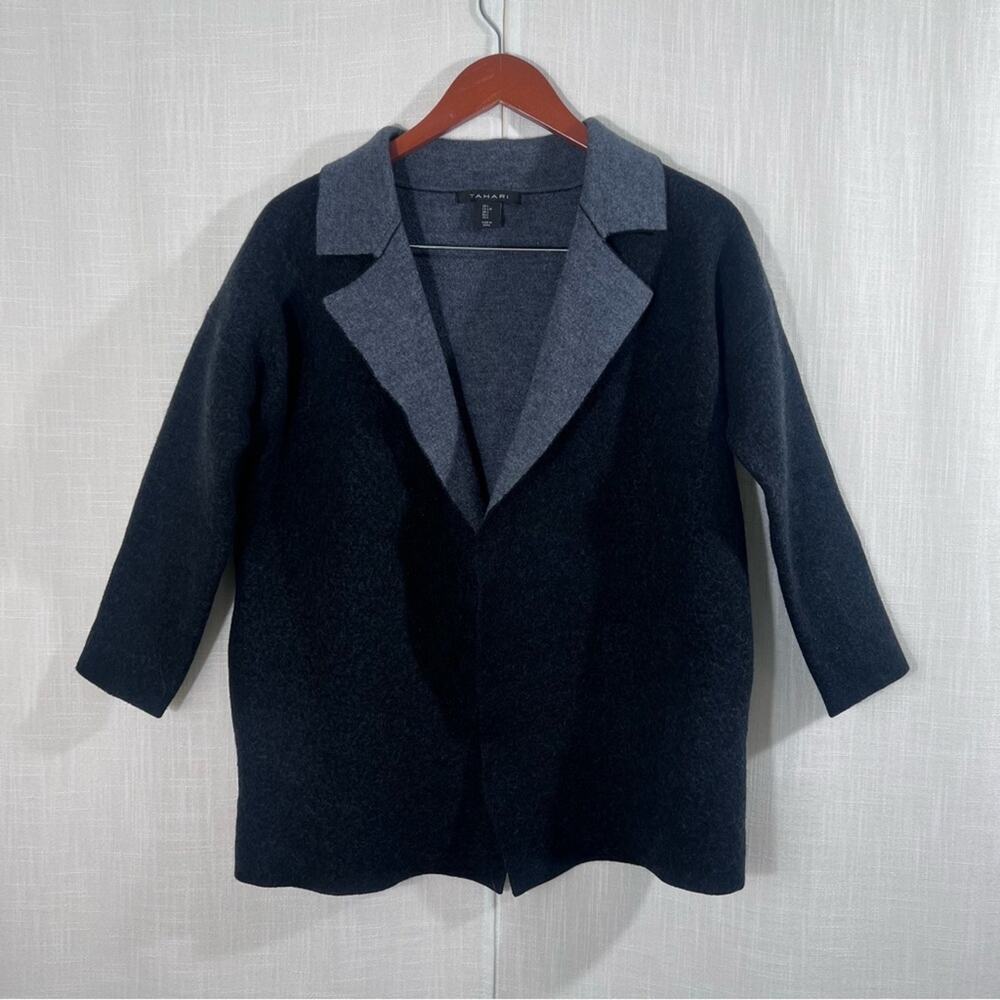 Tahari Open Front Merino Wool Blend Dark Grey Sweater Cardigan Size L
